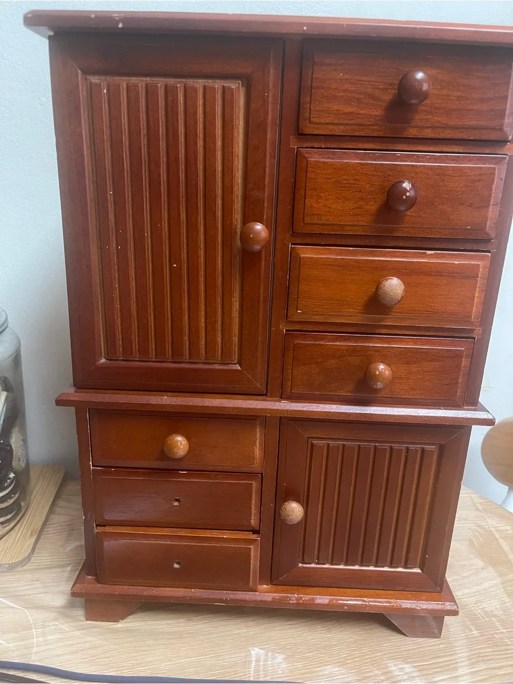 Vintage Mele Tall Wooden Jewelry Box with Seven Drawers and Drawers Mirror